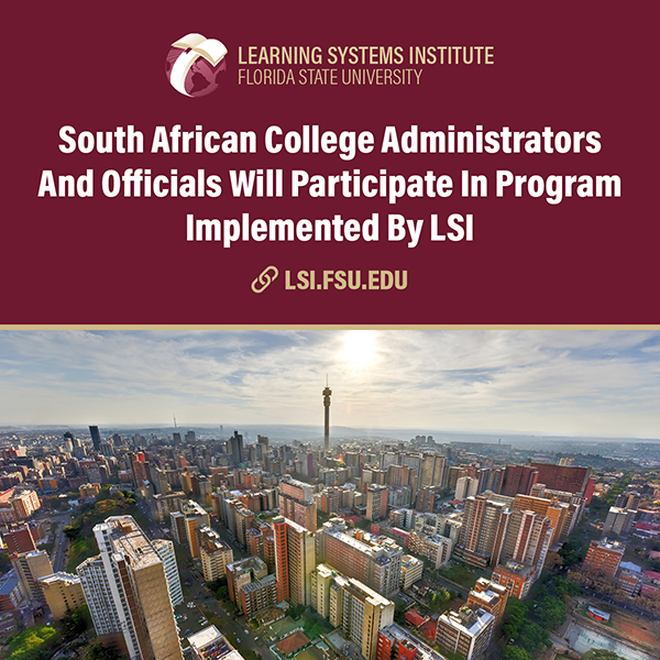 "Graphic that has text up top and a photo of a South African city. The text reads 'South African College Administrators And Officials Will Participate In Program Implemented By LSI'"