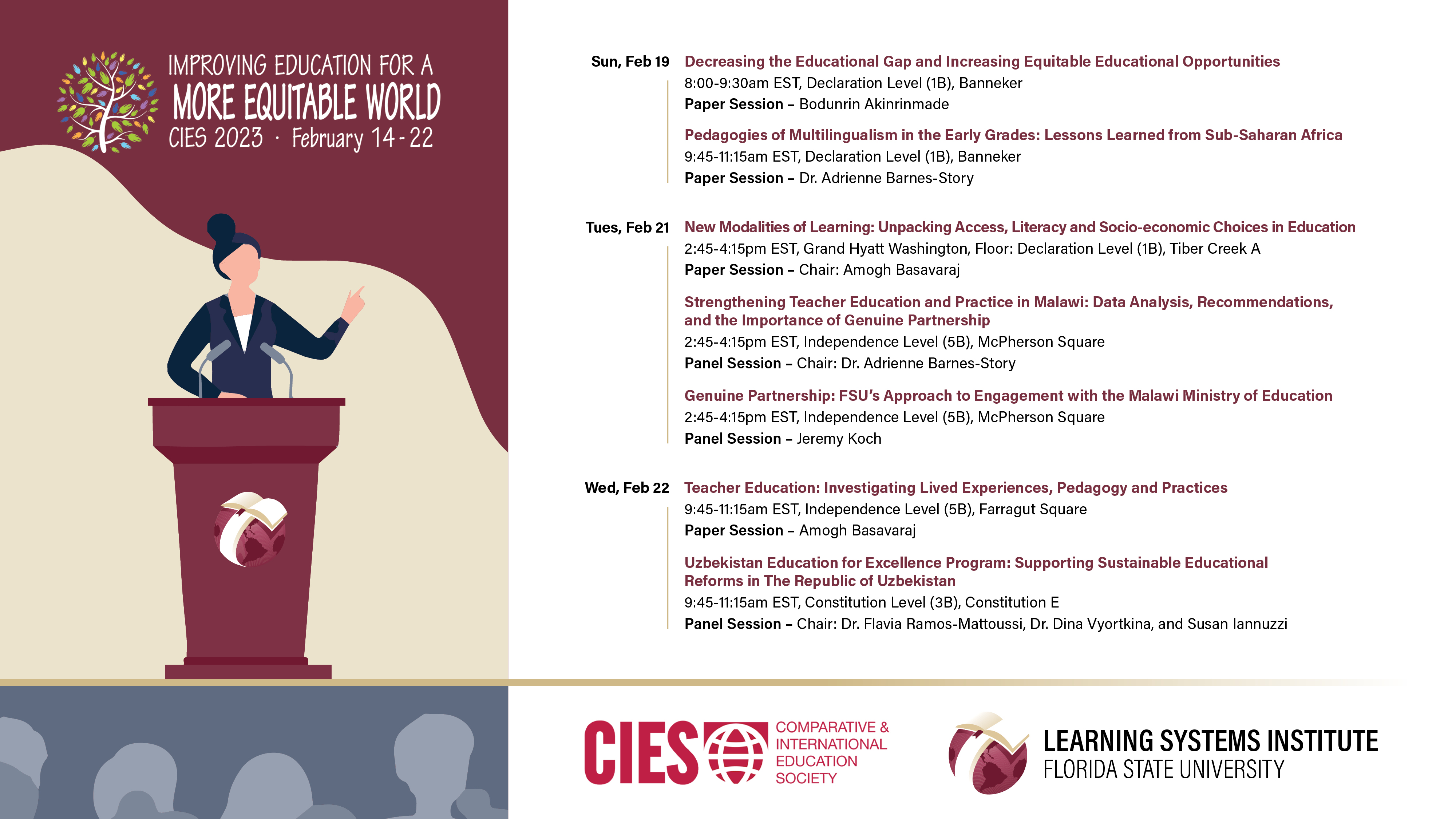 "Graphic with an illustration of a speaker at a podium. The text is a schedule of seven presentations being given by LSI faculty and staff."