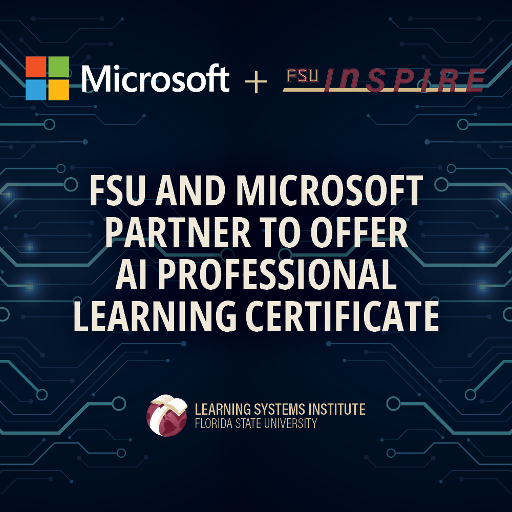 "Microsoft and FSU InSPIRE logos at the top and a computer chip s the backdrop. The text is FSU AND MICROSOFT PARTNER TO OFFER AI PROFESSIONAL LEARNING CERTIFICATE "