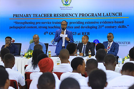 "Minister of Education addressing the audience at a launch event for the PTRP Activity"