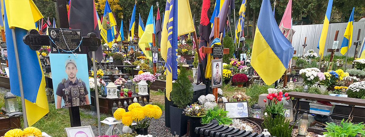 "In Kyiv, Ukrainian flags mark the loss of the lives of Ukrainian soldiers during the war."