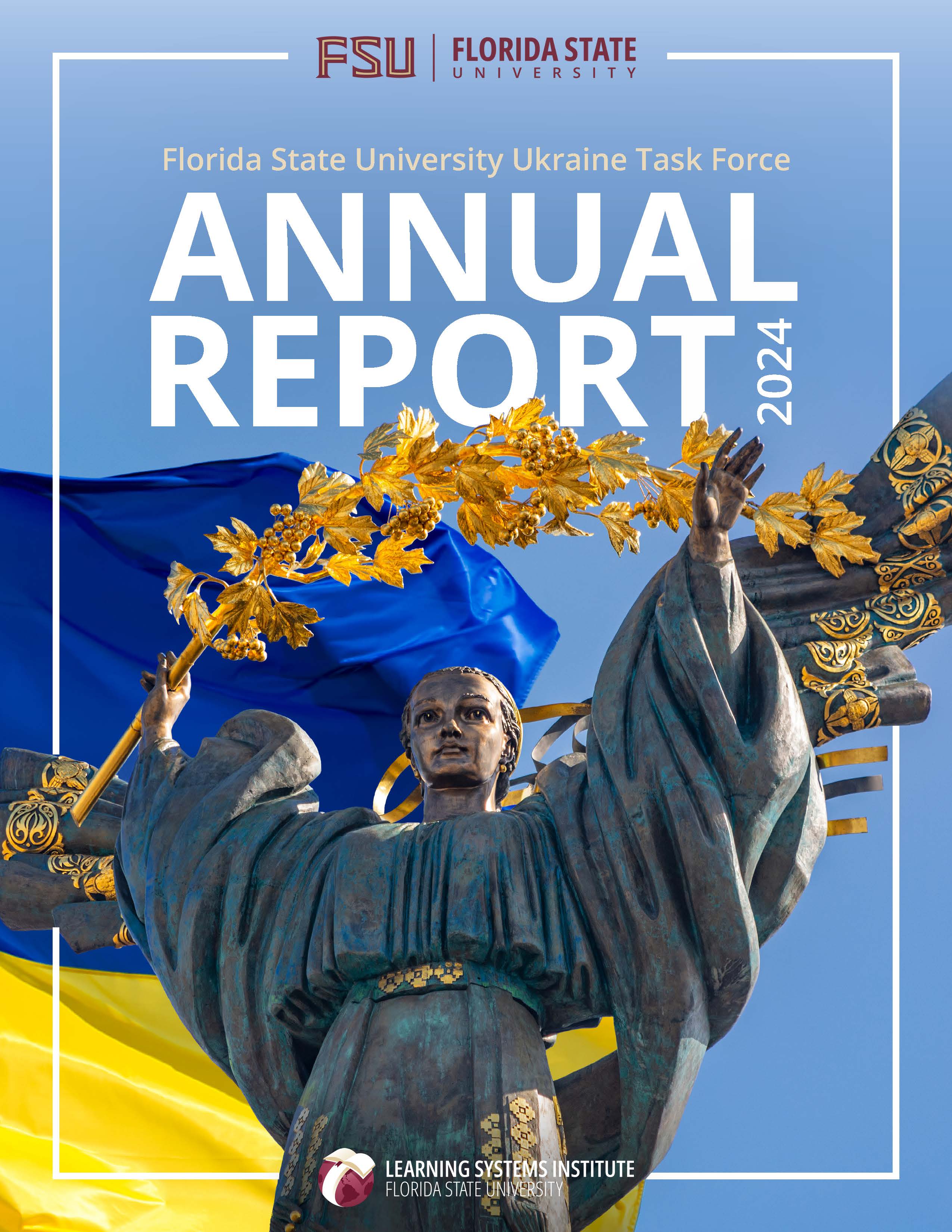 "2024 Ukraine Task Force Annual Report cover featuring a statue in Ukraine and the Ukrainian flag."