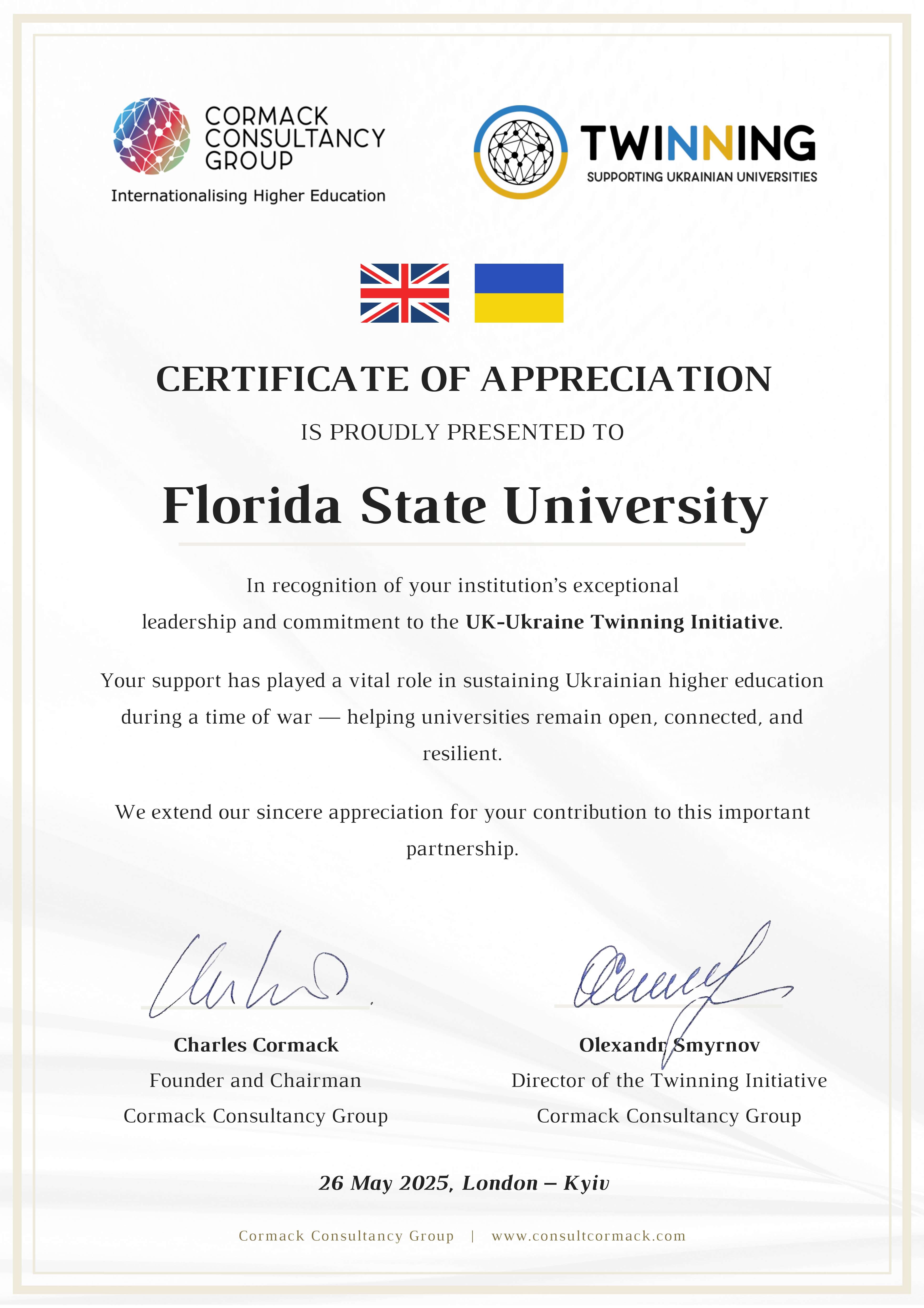 Certificate presented to the Ukraine Task Force at FSU