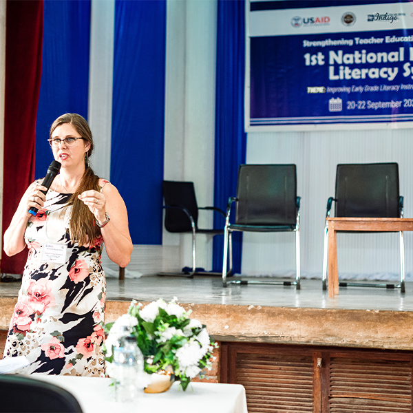 Dr. Adrienne Barnes-Story addressing the crowd at the First National Literacy Symposium in Malawi.
