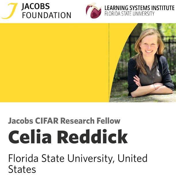Graphic with a photo of Dr. Celia Reddick and text about being awarded a 2026-28 Jacobs Canadian Institute for Advanced Research Fellowship