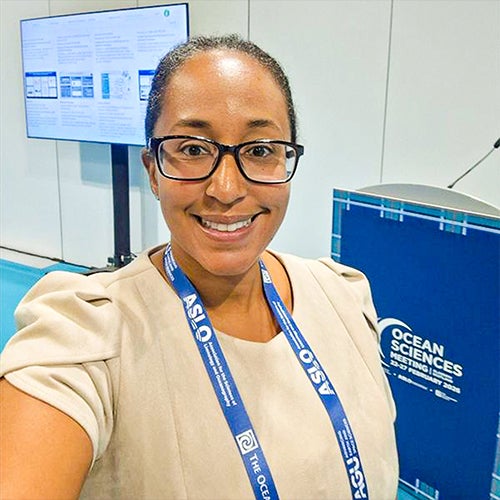 Photo of Amanda Tazaz after presenting "Engaging the Next Generation of Geoscientists: Summer Camp Partnership for Hands-On Ocean Science Education"