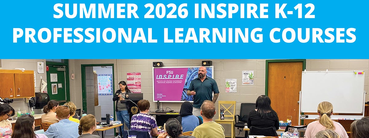 Graphic featuring a photo of InSPIRE Director Drew Allen speaking to a room of educators. 
