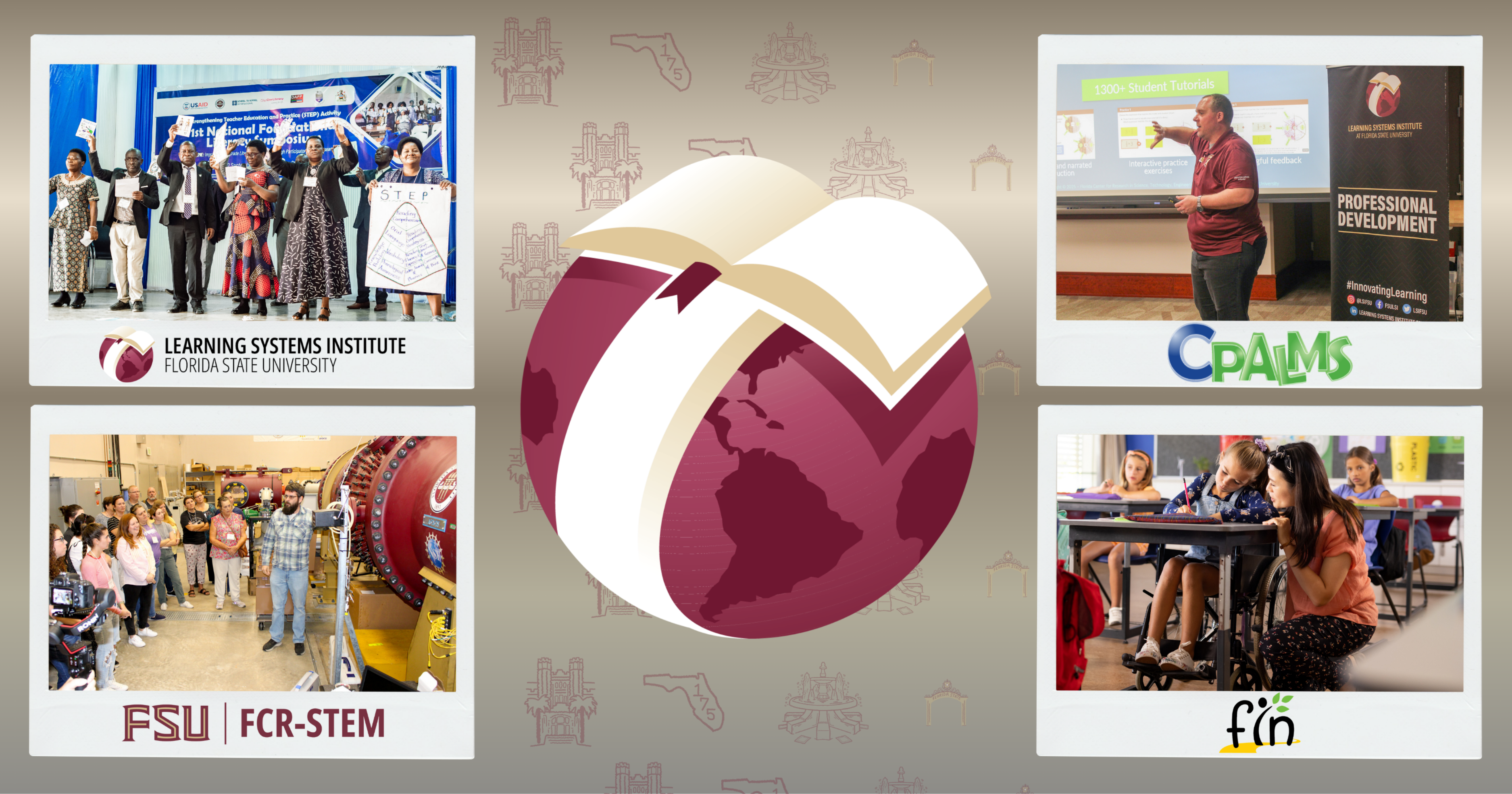 Graphic with four photos and the logos for LSI, FCR-STEM, CPALMS and FIN.