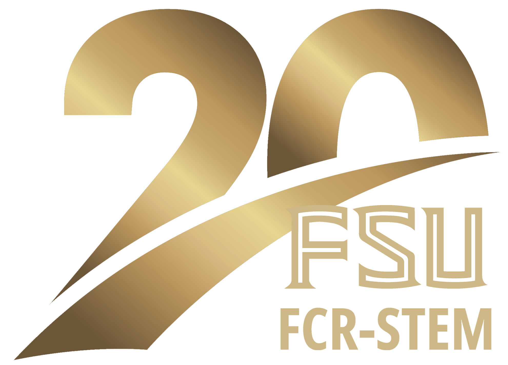 Logo for the 20th anniversary of FCR-STEM with a large gold 20 and the FCR-STEM wordmark in the bottom  right corner.