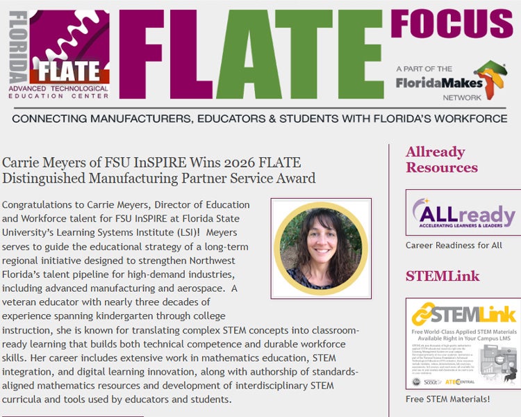 Screenshot of an article naming Carrie Meyers thew winner of the 2026 FLATE Distinguished Manufacturing Partner Service Award