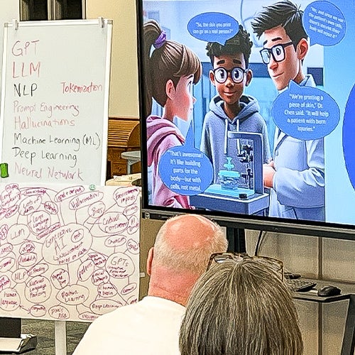 Educators taking a course on AI in education watching a video screen. Next to it is a word association chart dealing with AI.