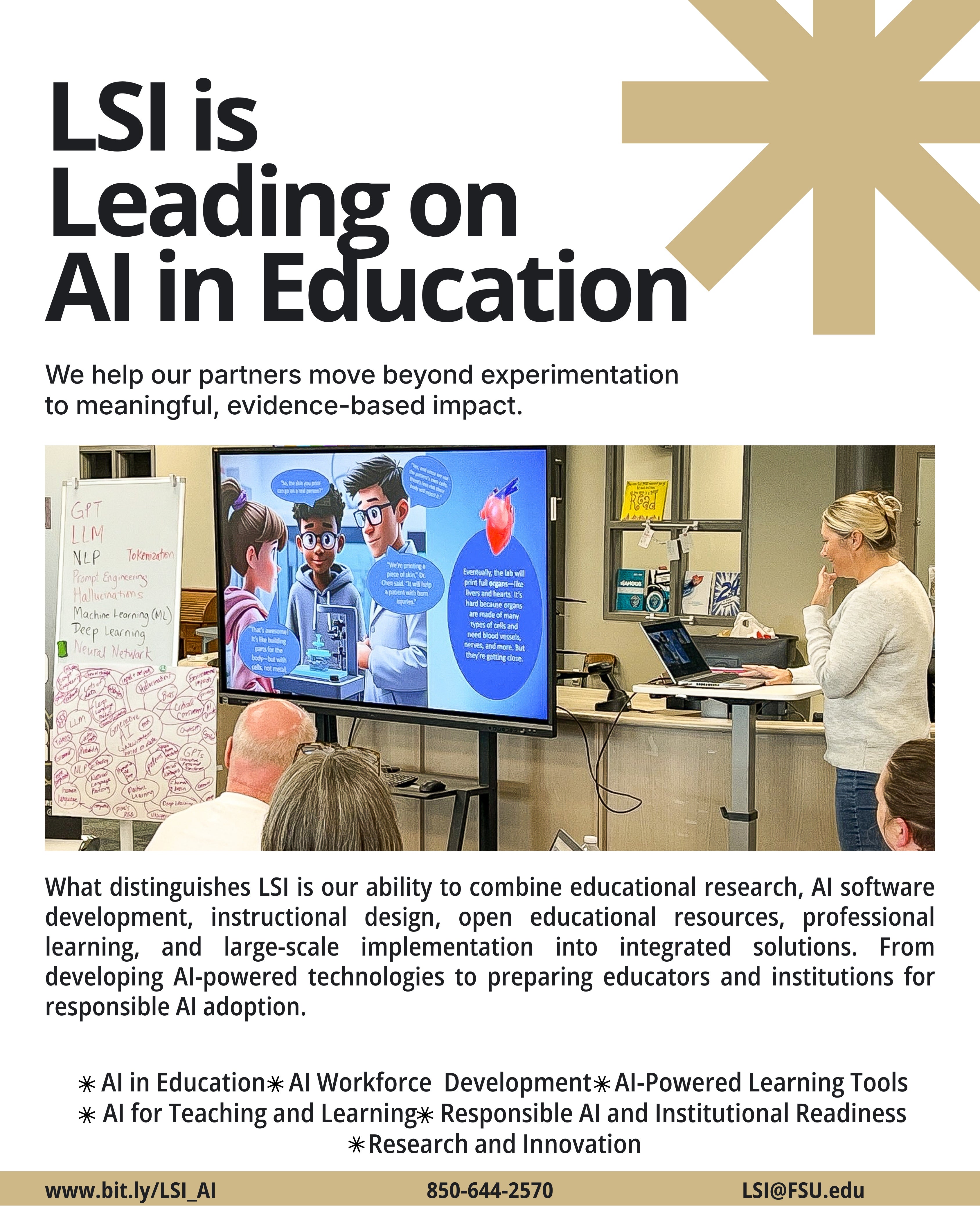 A person presents on AI in education at a digital workstation with a large screen displaying human figures. The text emphasizes LSI's leadership in AI-driven educational research and design. Contact details include a website link, phone number, and email.