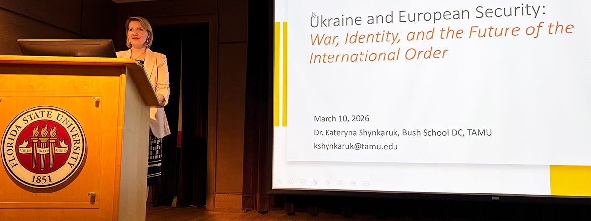 Kateryna Shynkaruk during her lecture at FSU's Globe Auditorium. 