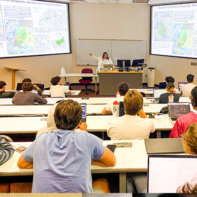 Ukrainian fellow giving a lecture to a class at FSU.
