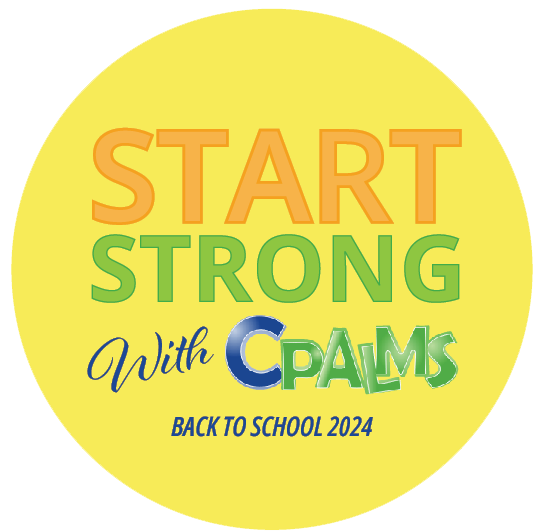 "Circle logo that says Start Strong with CPALMS Back to School 2024"