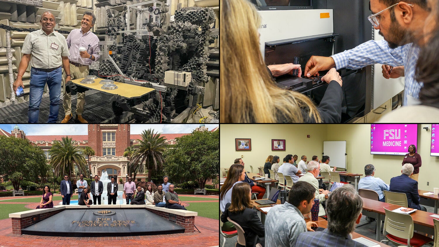 Four photo collage. The top left photo of two men smiling inside a scientific study room. The top right photo is two people closely working together utilizing a piece of scientific equipment. The bottom left a group photo in front of FSU's Westcott Building. The bottom right is a photo of the VSPP participants listening to a lecture at the College of Medicine. 