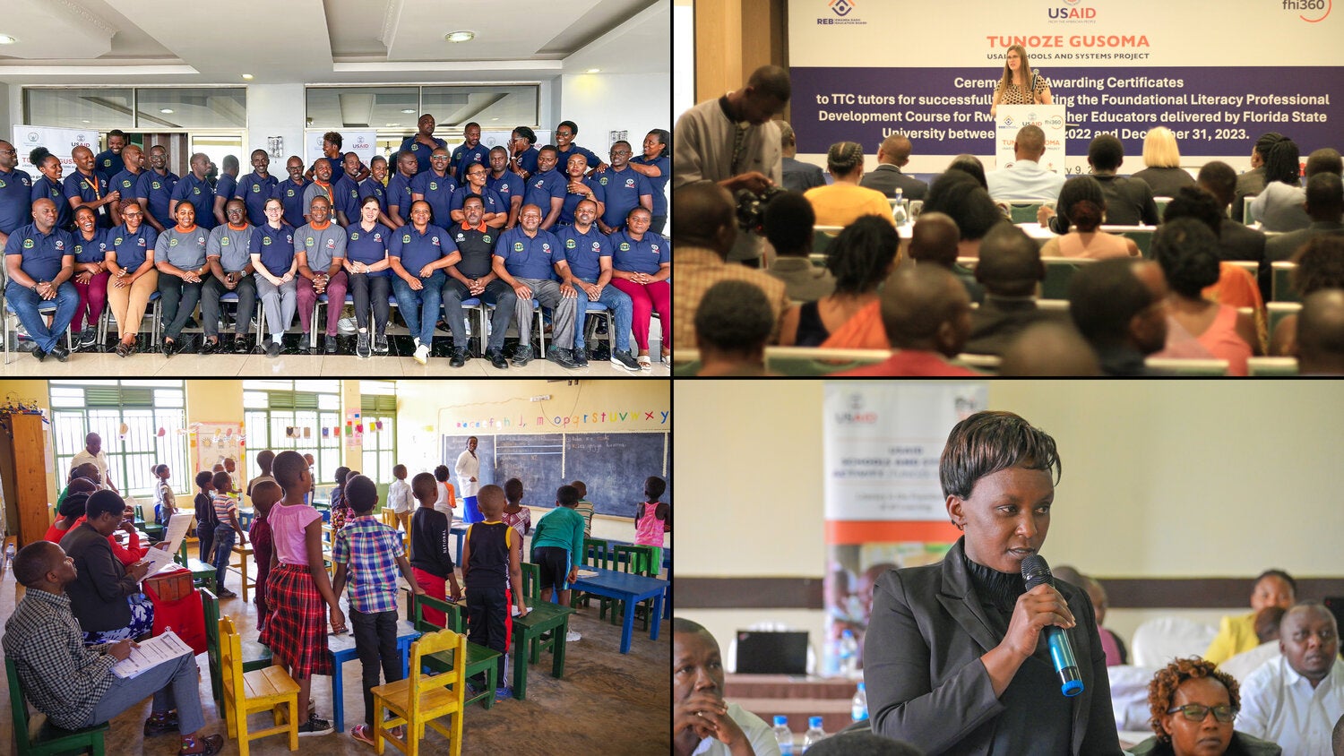 Four-photo collage highlighting teacher training and education initiatives. Top left: a large group of educators and program participants pose for a group photo in a conference venue. Top right: attendees listen to a speaker at a certificate-awarding ceremony, with a presentation screen displaying USAID and education program branding. Bottom left: children stand beside colorful classroom chairs while a teacher leads an activity at the front of an elementary classroom as observers take notes. Bottom right: a participant speaks into a microphone during a workshop or professional development meeting while other attendees listen.