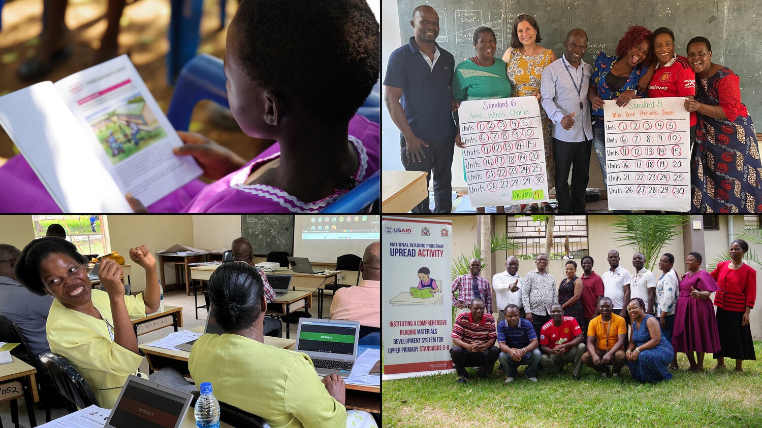 Four-photo collage highlighting literacy and teacher professional development initiatives. Top left: a student seated outdoors reads a colorful educational booklet. Top right: a group of educators stands in a classroom holding classroom progress charts during a training activity. Bottom left: teachers participate in a workshop, using laptops and responding to questions during a professional development session. Bottom right: education program participants pose for a group photo beside a banner for a USAID-supported National Reading Program upper-primary reading materials development activity.