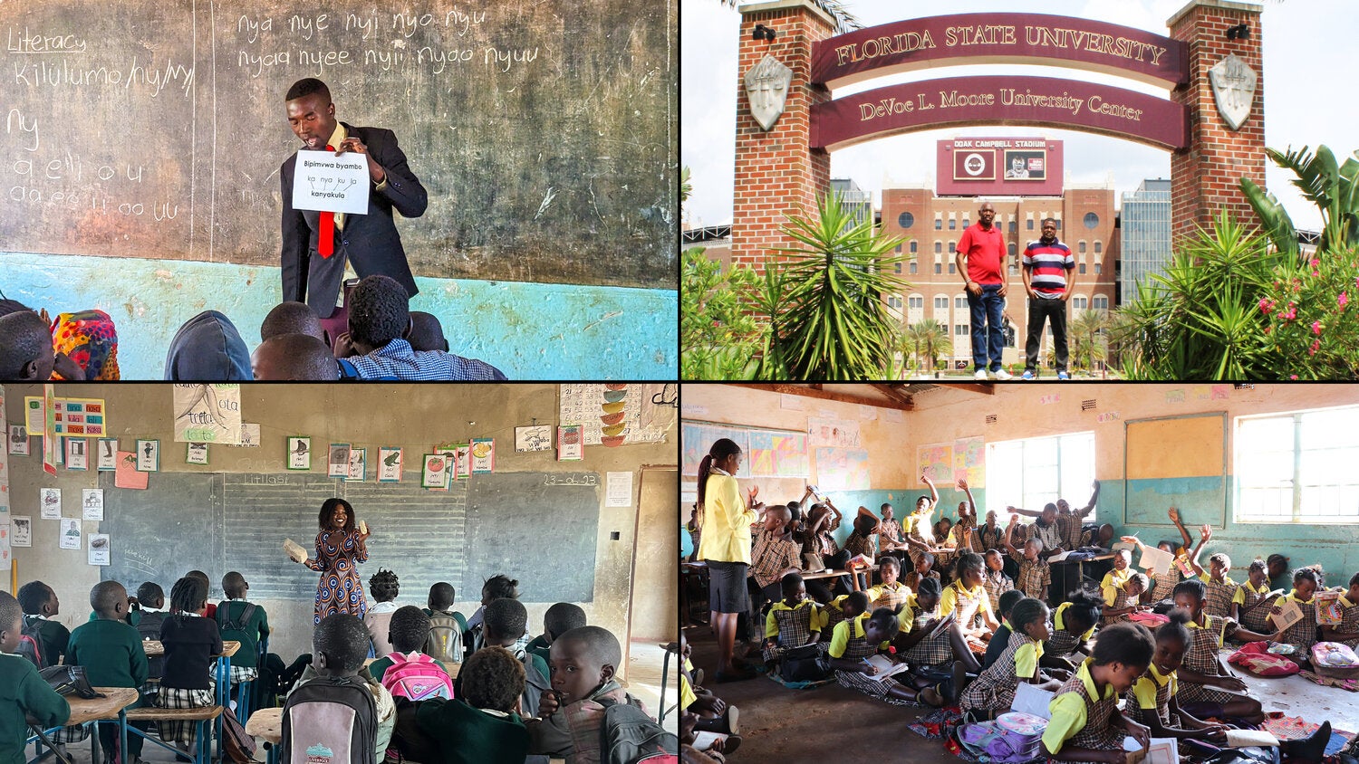 Four-photo collage highlighting literacy and education initiatives. Top left: a teacher stands at the front of a classroom holding a reading card while students follow along; writing and literacy exercises are visible on the chalkboard behind. Top right: two visitors pose beneath the Florida State University entrance arch at the Doak Campbell Stadium complex. Bottom left: a teacher leads a literacy lesson in a classroom as students sit at wooden desks facing a chalkboard decorated with learning materials. Bottom right: a classroom of students seated on the floor and at desks actively participate in a lesson, raising their hands while a teacher facilitates discussion.