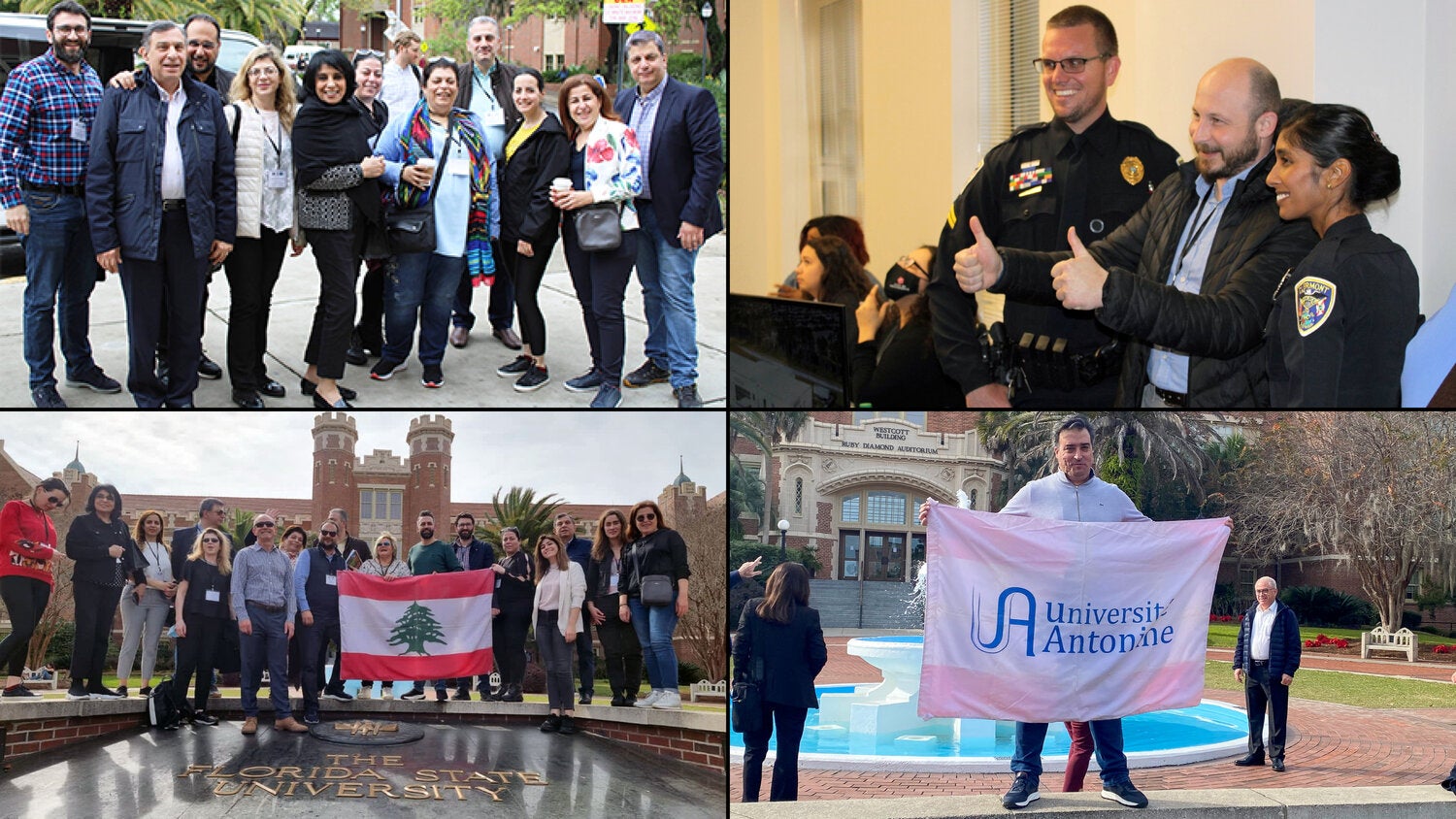 Four-photo collage highlighting an international university exchange visit at Florida State University. The top-left image shows a group of visitors gathered outdoors on campus. The top-right image shows visitors observing a public safety or technology demonstration with uniformed personnel in an indoor setting. The bottom-left image shows a larger group posing on campus while holding a Lebanese flag, with Florida State University landmarks visible in the background. The bottom-right image shows a visitor holding a flag reading “Université Antonine” in front of the Westcott Building and fountain. The images showcase campus tours, cultural exchange, and international collaboration activities at FSU.