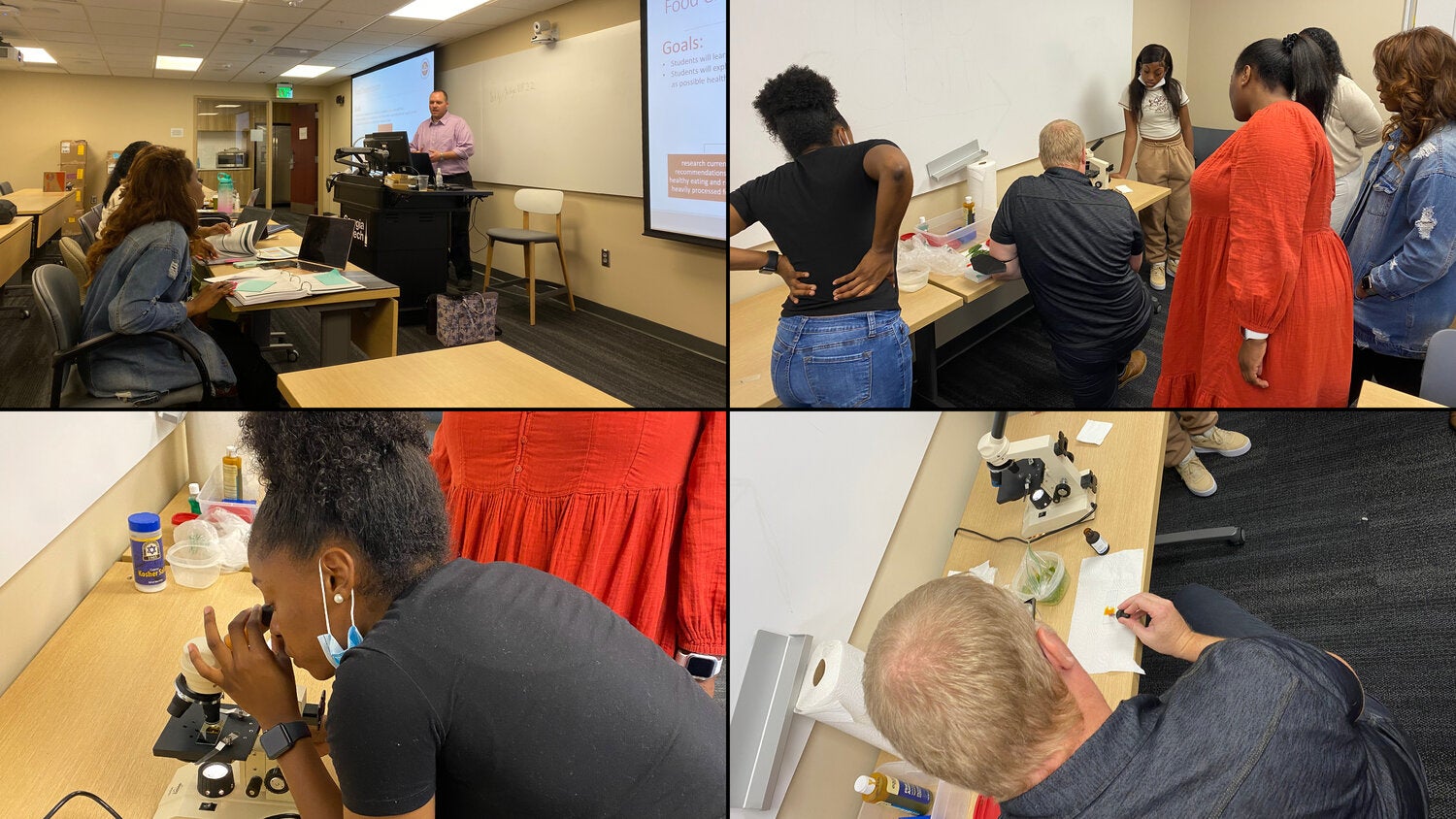 Four-photo collage showing a classroom-based STEM and nutrition education workshop. The top-left image shows participants seated at desks while an instructor presents slides at the front of a classroom. The top-right image shows participants gathered around a table as an instructor demonstrates a hands-on activity using microscopes and food-related samples. The bottom-left image shows a participant looking through a microscope while others observe nearby. The bottom-right image provides a close-up view of the demonstration table with a microscope, sample containers, and instructional materials. The collage highlights interactive learning, scientific observation, and hands-on professional development activities.