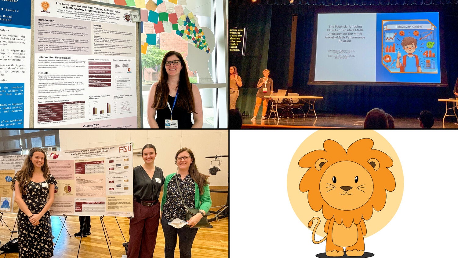 Four-image collage highlighting mathematics education research and conference presentations. The top-left image shows a researcher standing beside a poster titled “The Development and Pilot Testing of a Math Lion: A Math Anxiety Intervention for Children,” displayed at an academic conference. The top-right image shows presenters speaking on a stage in front of a large screen displaying a presentation about positive math attitudes and math anxiety. The bottom-left image shows three researchers posing beside an FSU research poster examining associations among anxiety, test anxiety, math anxiety, and math achievement in children. The bottom-right image features an illustrated lion mascot associated with the Math Lion intervention.