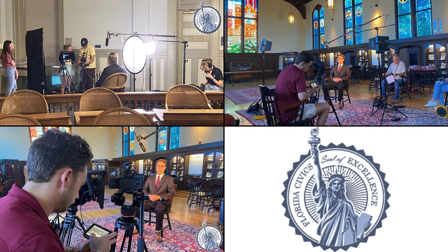 Four-image collage documenting a video production and interview recording session in a historic indoor venue with stained-glass windows and wood-paneled interiors. The top-left image shows a film crew setting up lighting, cameras, and audio equipment while preparing to record an interview. The top-right image shows an interview subject seated in front of cameras and studio lights as crew members monitor the production. The bottom-left image provides a closer view of a camera operator filming the interview subject in the staged recording area. The bottom-right image features the Florida Civics Seal of Excellence logo, depicting the Statue of Liberty surrounded by the words “Florida Civics Seal of Excellence.” The collage highlights educational media production and civic education outreach efforts.