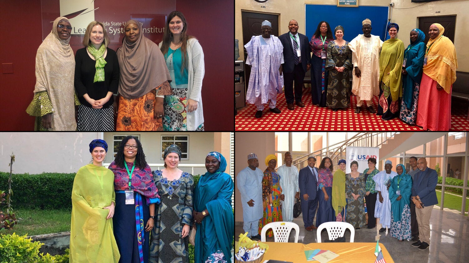 Four-photo collage illustrating an international education partnership and professional exchange program. The top-left image shows four participants standing together inside the Florida State University Learning Systems Institute. The top-right image shows a group of educators, university representatives, and program partners posing together at a conference venue. The bottom-left image shows participants gathered outdoors during a site visit or networking event. The bottom-right image shows a larger group assembled near a USAID display during an educational program activity. Participants wear a variety of professional and traditional attire, reflecting cross-cultural collaboration and international engagement in education and development initiatives.