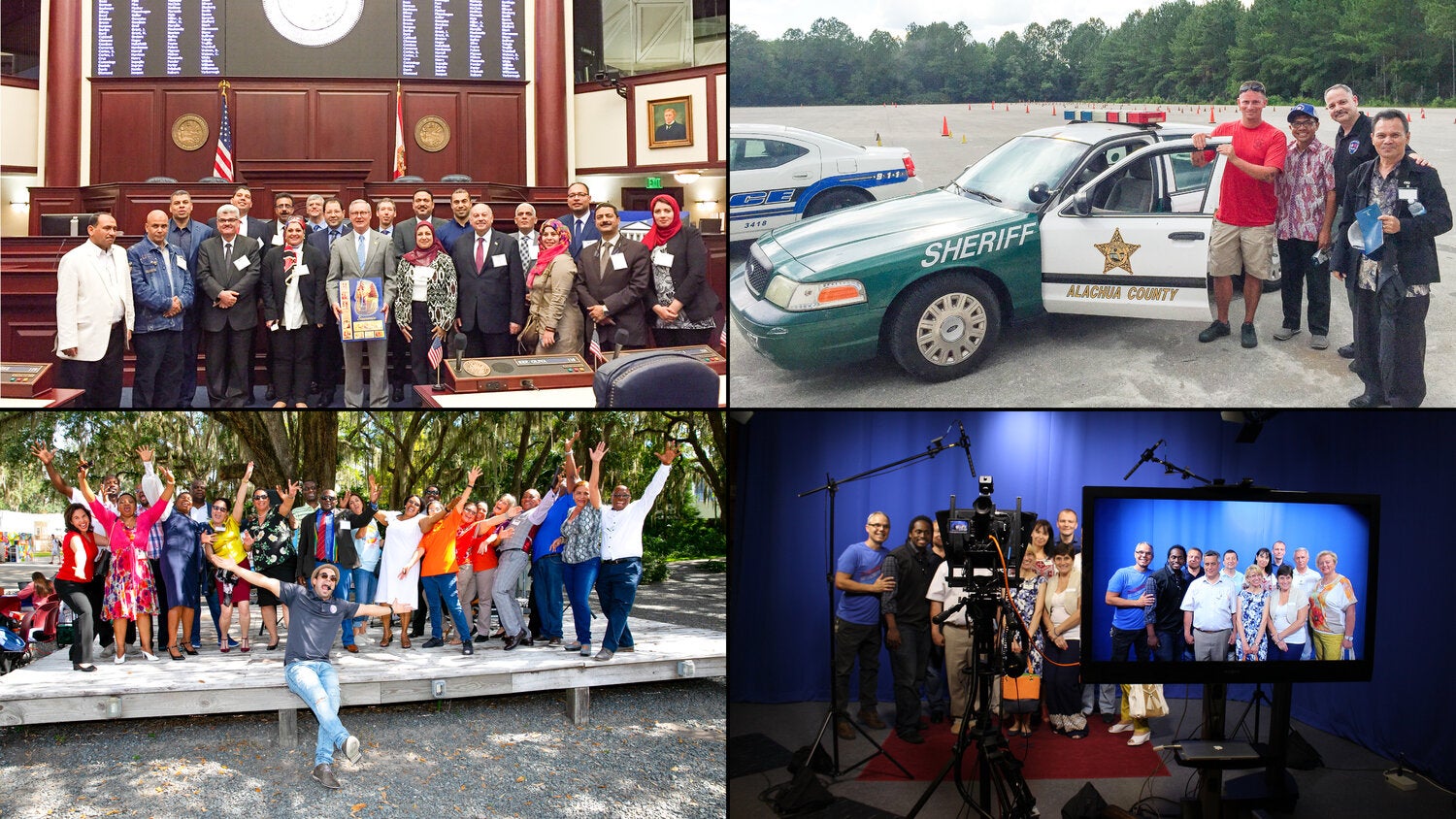 Four-photo collage showcasing educational leadership, civic engagement, and media initiatives. The top-left image shows a group of international visitors and education leaders posing inside a state legislative chamber. The top-right image shows participants standing beside an Alachua County Sheriff patrol vehicle during a public safety demonstration or site visit. The bottom-left image shows a large group gathered outdoors on a stage beneath oak trees, posing for a celebratory group photo. The bottom-right image shows a television production studio with cameras, lighting, and audio equipment set up as participants pose for a group photo displayed on a monitor. The collage highlights professional exchange programs, community partnerships, leadership development, and educational media production activities.