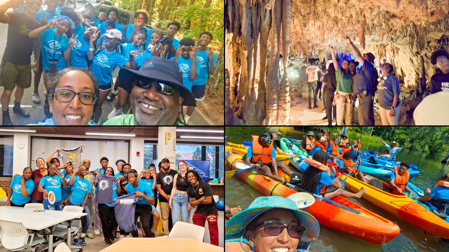 A four-photo collage showing a group of young people participating in outdoor and educational activities: posing for a group selfie outdoors, exploring a cave, gathering for a classroom presentation, and kayaking together on a river.