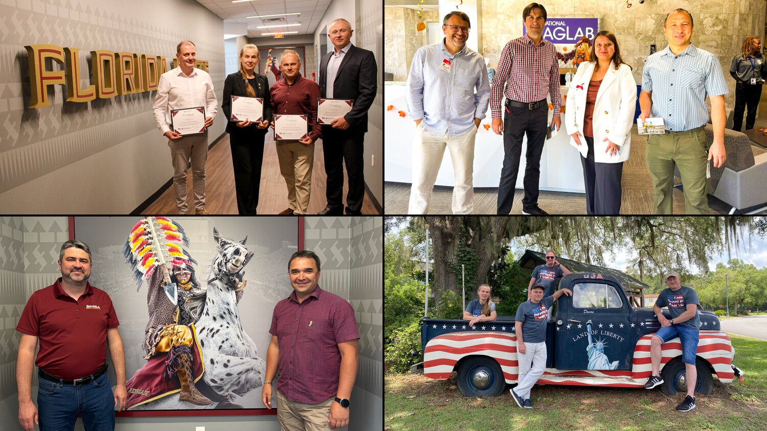 Four-photo collage featuring visitors at Florida State University. Top left: four people stand in a hallway beside large "Florida State” wall lettering, holding certificates. Top right: four people pose in a lobby in front of a sign reading “National Mag Lab.” Bottom left: two people stand beside a large mural depicting a rider on a spotted horse. Bottom right: four people pose around a vintage pickup truck painted with an American flag design and the words “Land of Liberty,” parked beneath large trees outdoors.