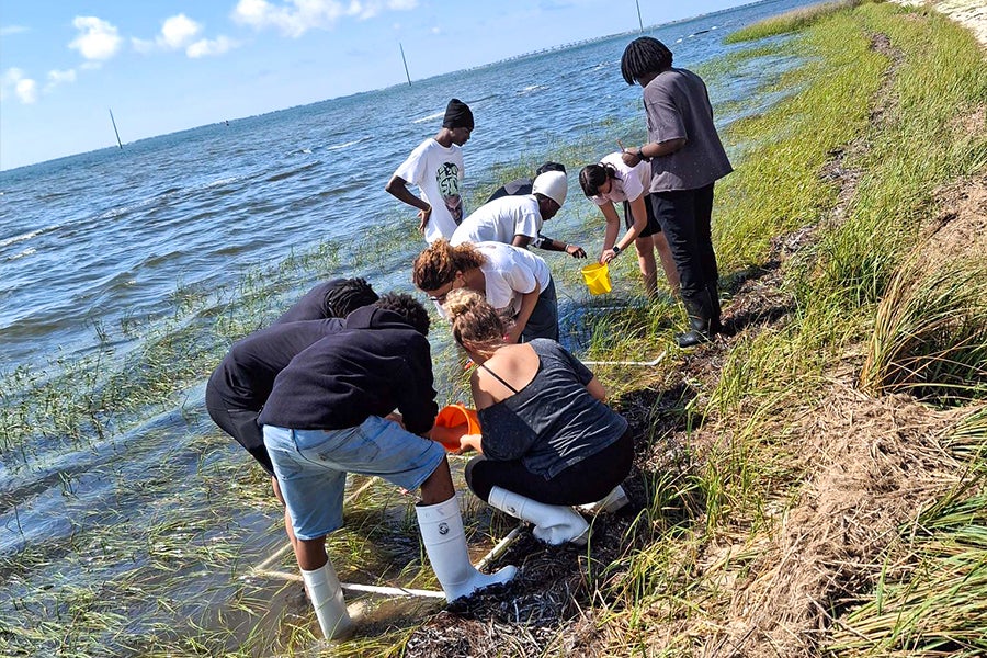 A group of students taking samples from a lake.