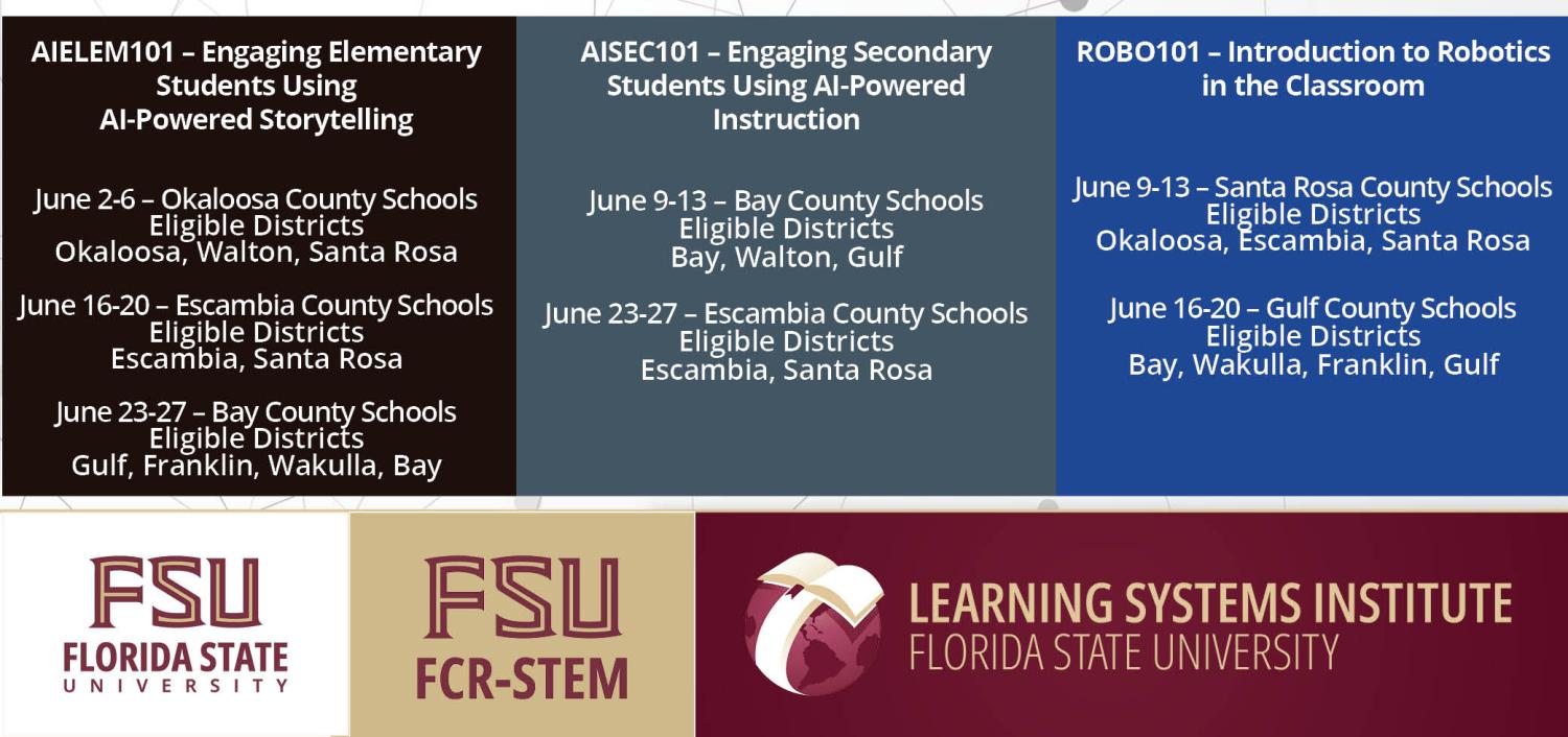 Graphic with the schedule of this summer's InSPIRE/FCR-STEM workshops.