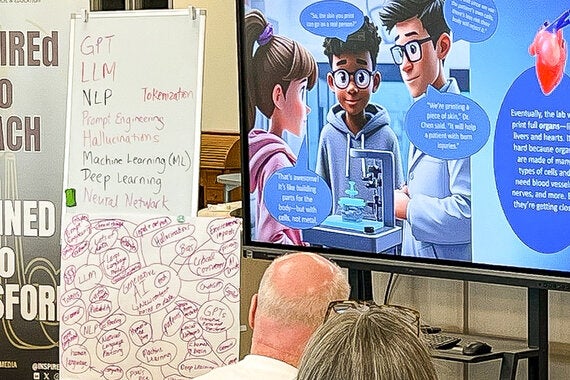 Educators taking a course on AI in education watching a video screen. Next to it is a word association chart dealing with AI.