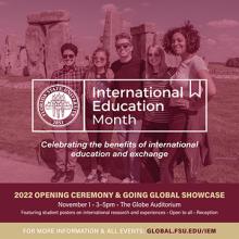 Graphic with a photo of FSU students in front of Stonehenge with a Garnet overlay, the FSU seal and text that says International Education Month - Celebrating the benefits of international education and exchange