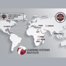 Map with lines from Tallahassee to Egypt, Lebanon, Malawi, the Philippines, Rwanda, Uzbekistan and Zambia. Logos for FSU, LSI and International Education Month are included.