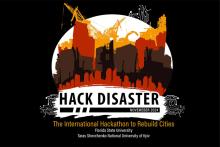 Abstract graphic of cities under construction with "Hack Disaster" in bold text in front. 
