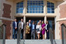 Group photo on the steps of the Westcott Building with the Provost.