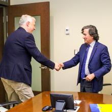 Florida State University Provost Jim Clark and Dr. Serhiy Kvit, President of the National University of Kyiv-Mohyla Academy in Ukraine shaking hands.
