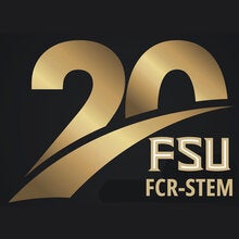 Logo for the 20th anniversary of FCR-STEM with a large gold 20 and the FCR-STEM wordmark in the bottom  right corner.