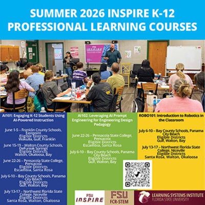 Graphic with a wide photo of Drew Allen speaking to a group of teachers. There is a schedule below broken into three different color sections.