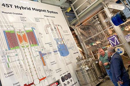 Two people at FSU's Mag Lab looking at a wall-size display.