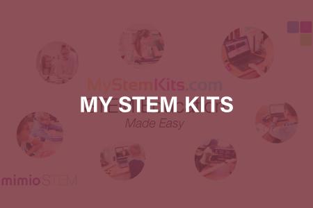 Graphic for the My Stem Kits website with the MyStemKits.com - STEM Education made easy surrounded by seven small circular photos of 3D printed products.