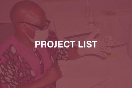 Graphic with the text 'Project List" on a garnet overlay of a photo of women training on one of LSI's projects.