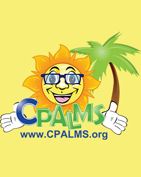 "CPALMS logo. Large sun with its arms spread wide wearing sunglasses above the word CPALMS "