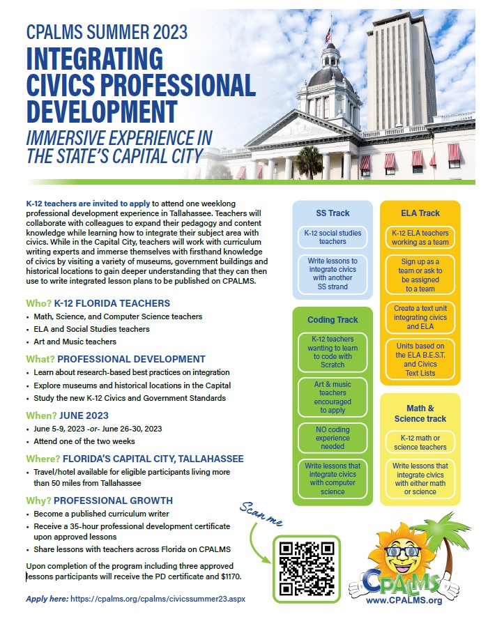 "Flyer detailing a summer professional development in Tallahassee to integrate civics."
