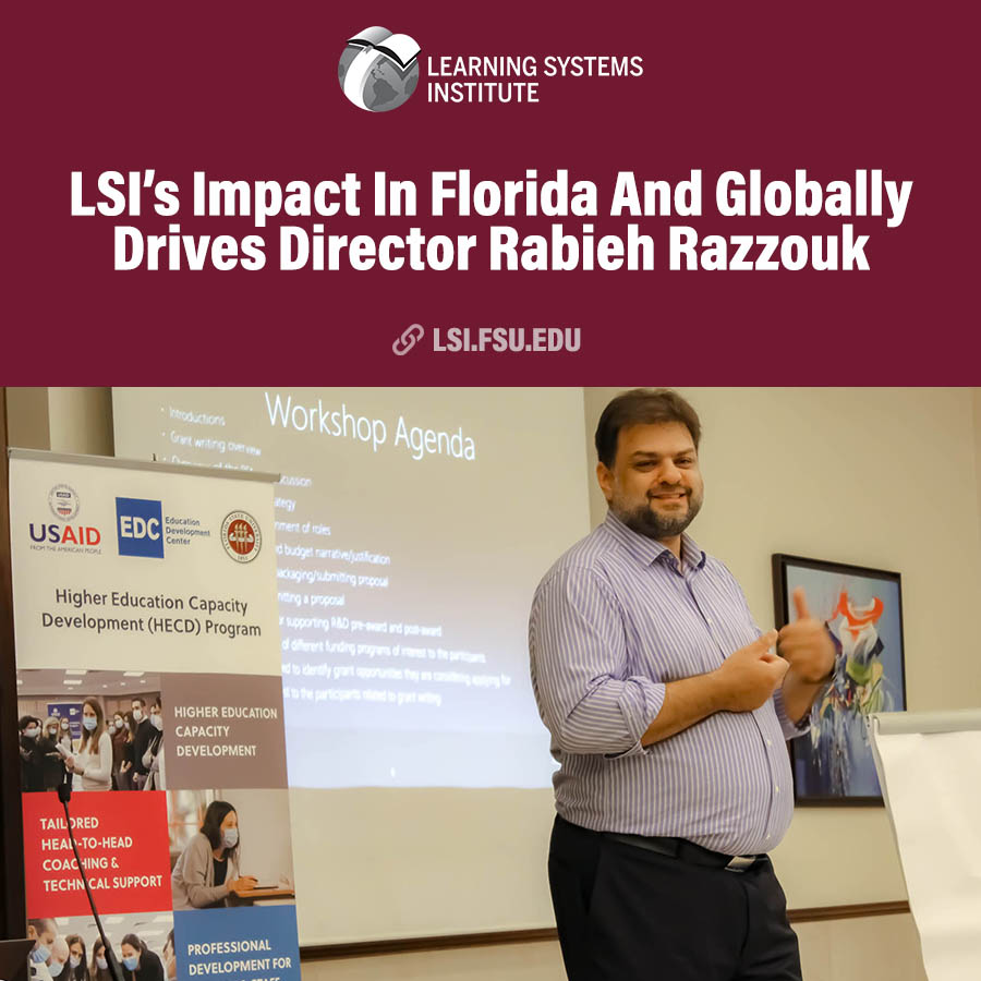 "Graphic featuring the LSI logo and the headline "LSI’s Impact Here At Home And Globally Drives Director Rabieh Razzouk" with a photo of  Rabieh Razzouk addressing an audience."
