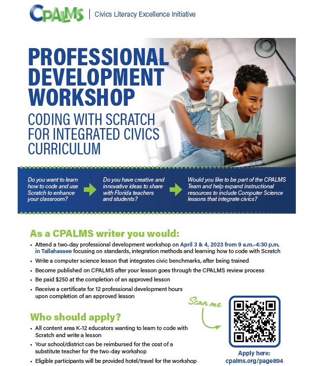 "Information sheet with a photo of two children working on a computer, the CPALMS wordmark and information on a professional development workshop."