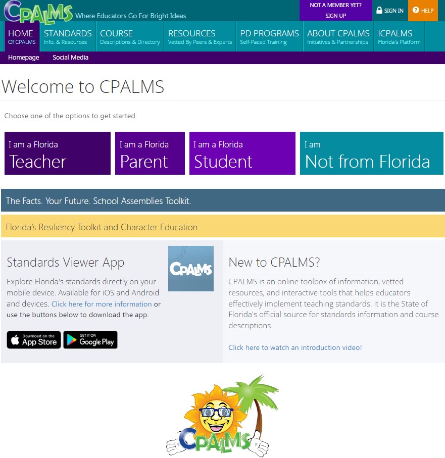 "Screenshot of the CPALMS.org homepage"