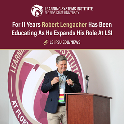 "Graphic featuring the LSI logo and the headline "For 11 Years At LSI Robert Lengacher Has Been Educating And Expanding His Impact" with a photo of Robert Lengacher with a microphone standing near a podium."
